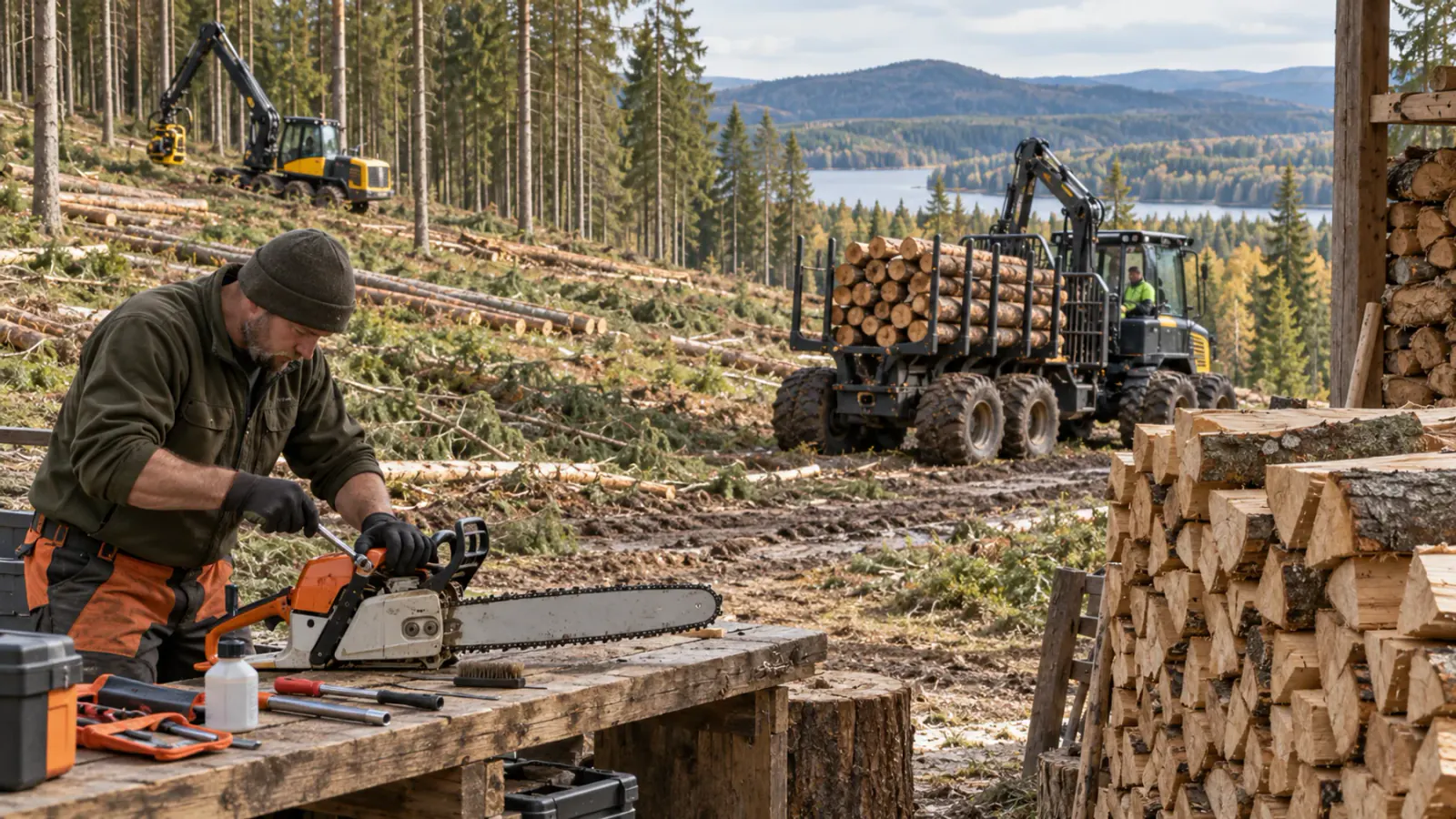 Harwester, forwarder, stanowisko obsługi pilarki i ułożone drewno w uporządkowanej scenie leśnej