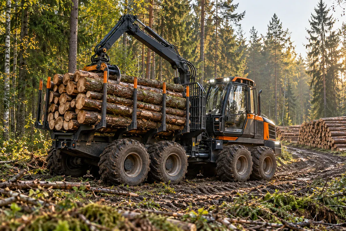 Forwarder przewożący drewno po szlaku leśnym