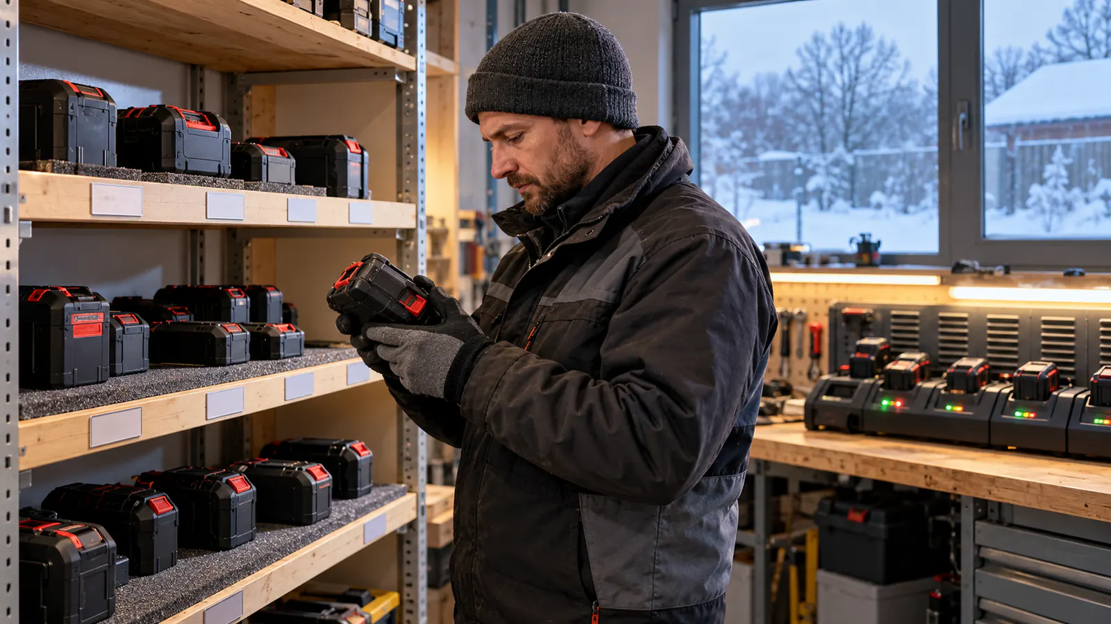 Opisane akumulatory do elektronarzędzi aklimatyzowane na suchym regale obok oddzielnego stanowiska ładowania