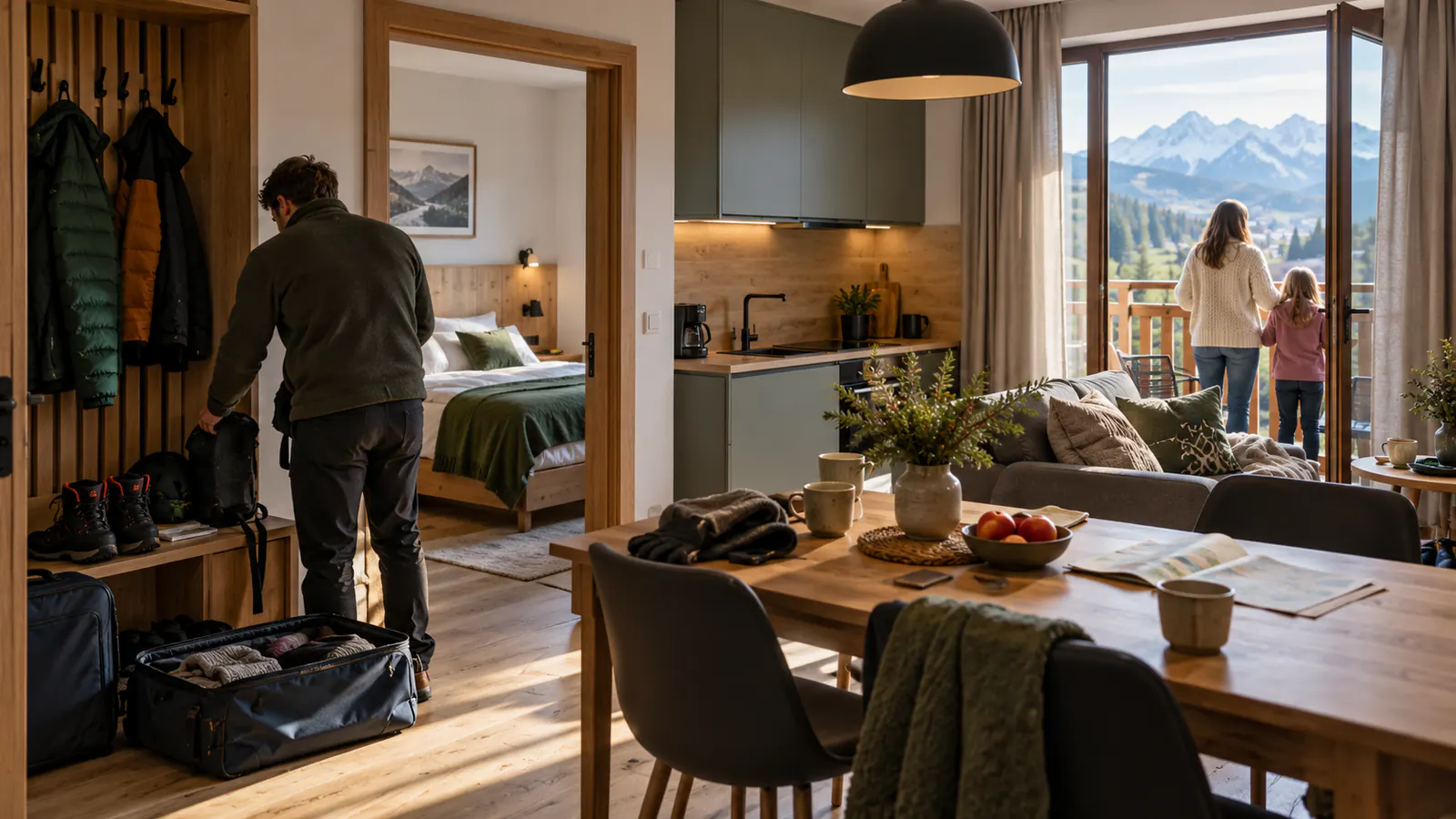 Rodzina rozpakowująca bagaże w górskim apartamencie z aneksem kuchennym sypialnią i miejscem na odzież