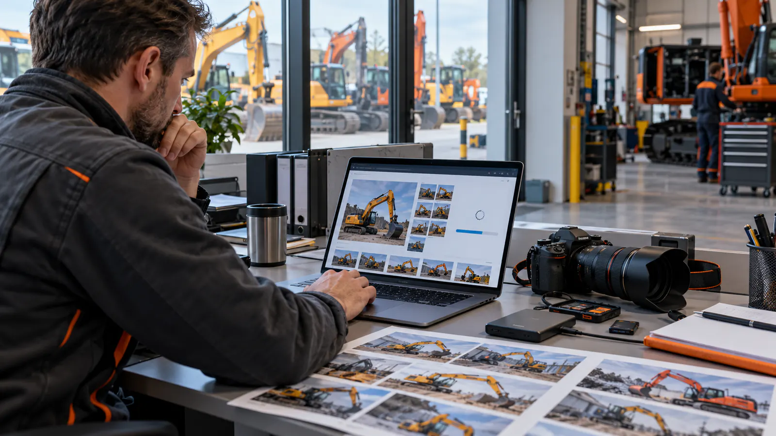 Specjalista kontrolujący wydajność galerii maszyn na laptopie obok aparatu i arkuszy zdjęciowych w serwisie sprzętu