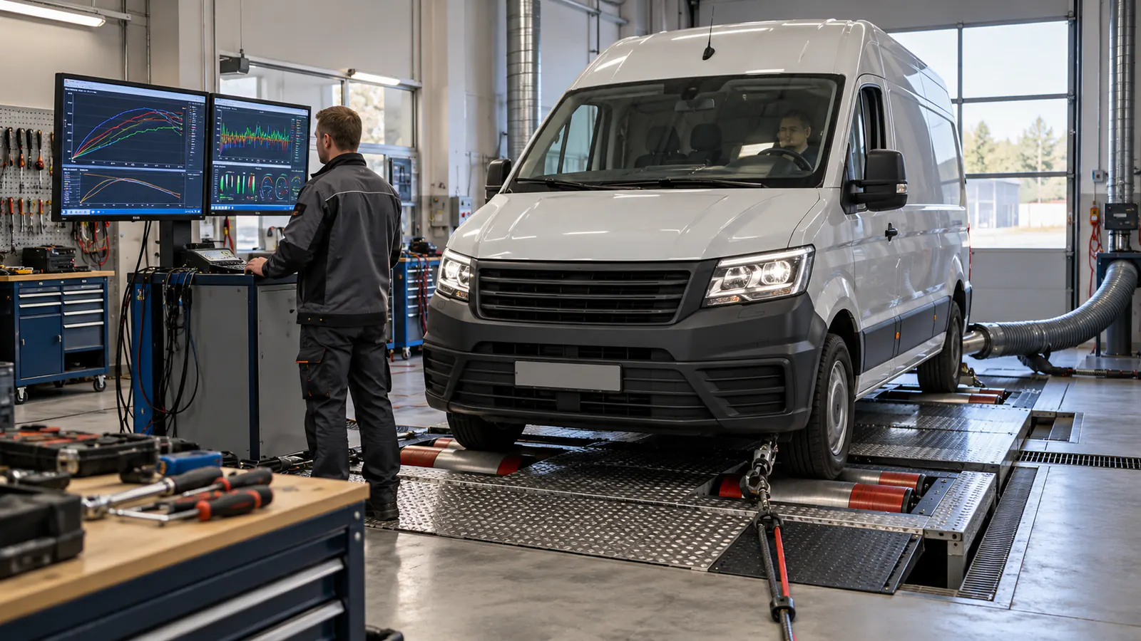 Technik sprawdzający samochód dostawczy na hamowni przed decyzją o zmianie oprogramowania silnika
