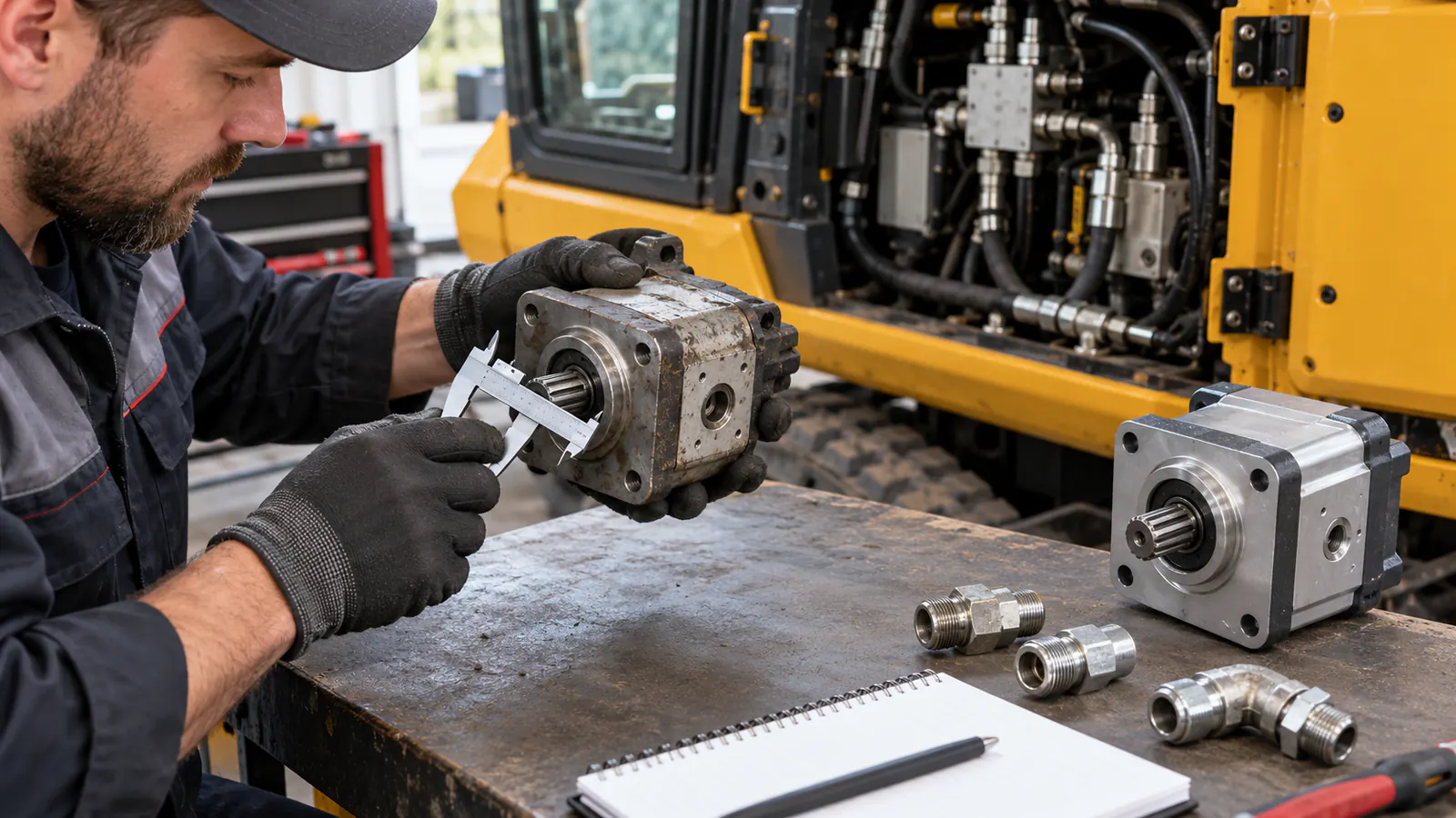 Mechanik mierzący wał i kołnierz używanej pompy zębatej przy maszynie budowlanej