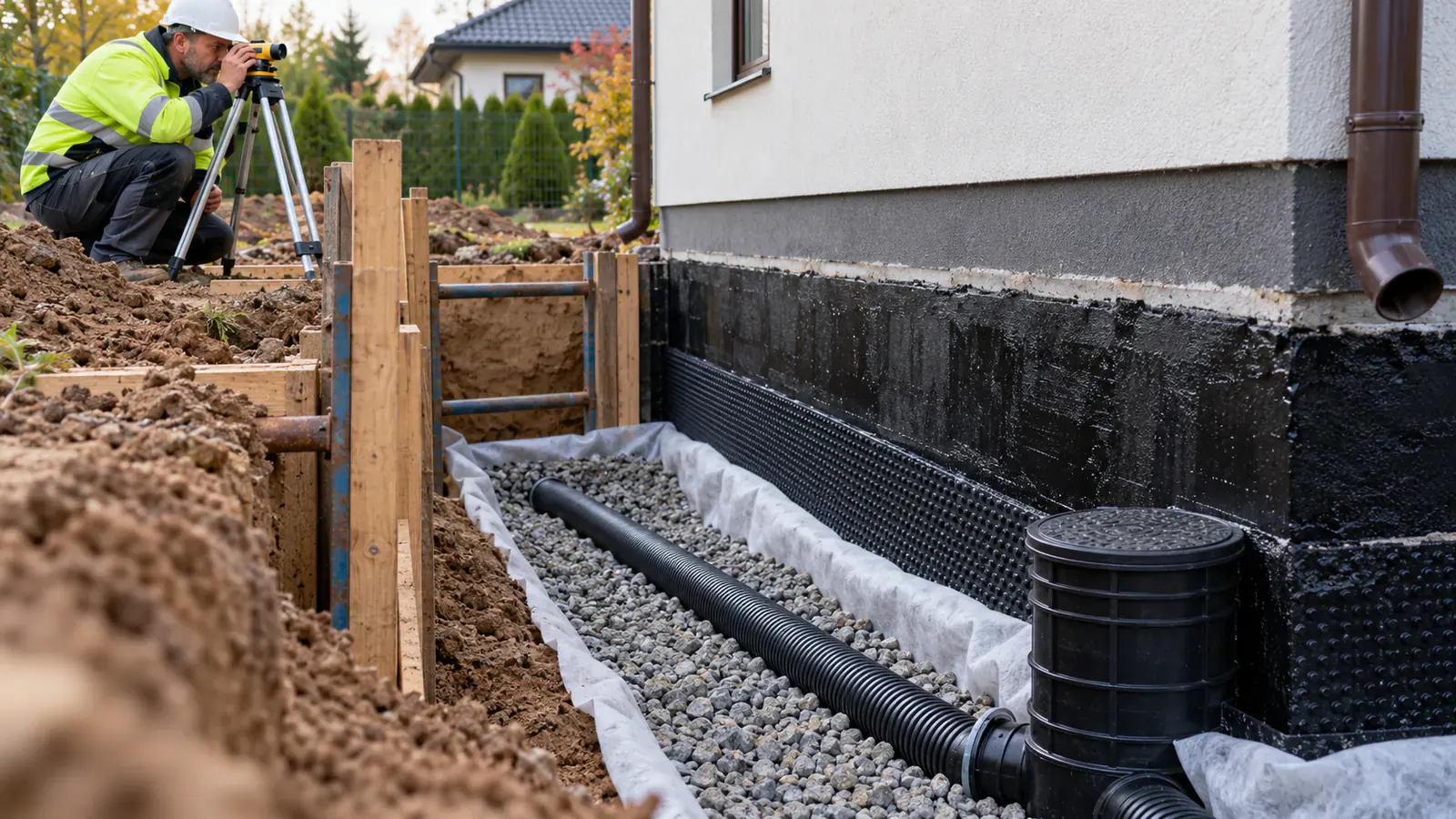 Odcinkowy wykop przy fundamencie z naprawioną izolacją rurą drenarską obsypką i studzienką kontrolną