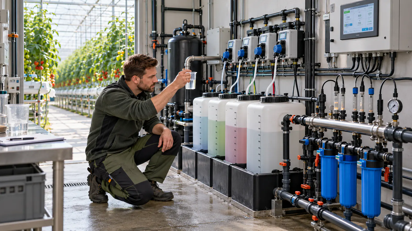 Technik pobierający próbkę przy fertygatorze z pompami dozującymi filtrami i zbiornikami pożywki