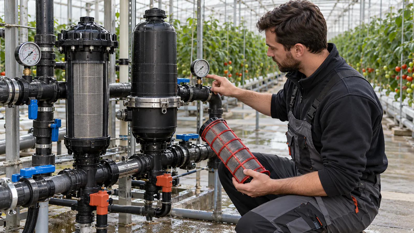 Technik kontrolujący filtry i manometry instalacji nawadniającej w szklarni