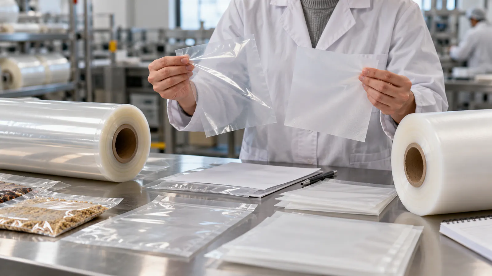 Technik porównujący próbki przezroczystych folii i dokumentację przy stanowisku kontroli jakości