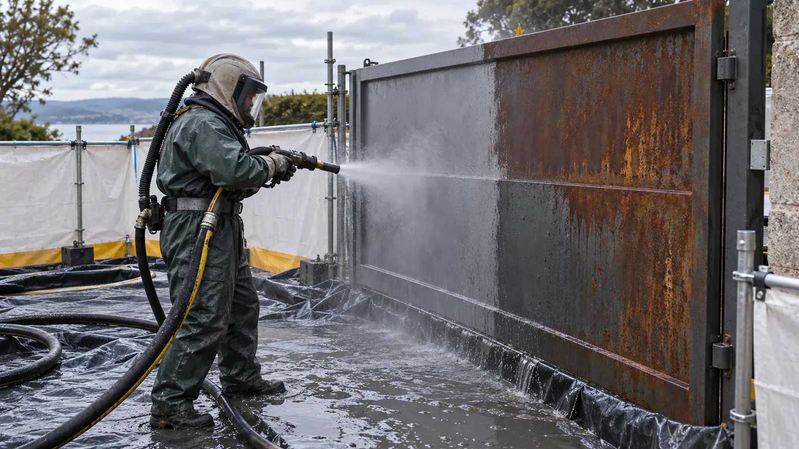 Operator w odzieży ochronnej hydropiaskujący stal w wydzielonej strefie
