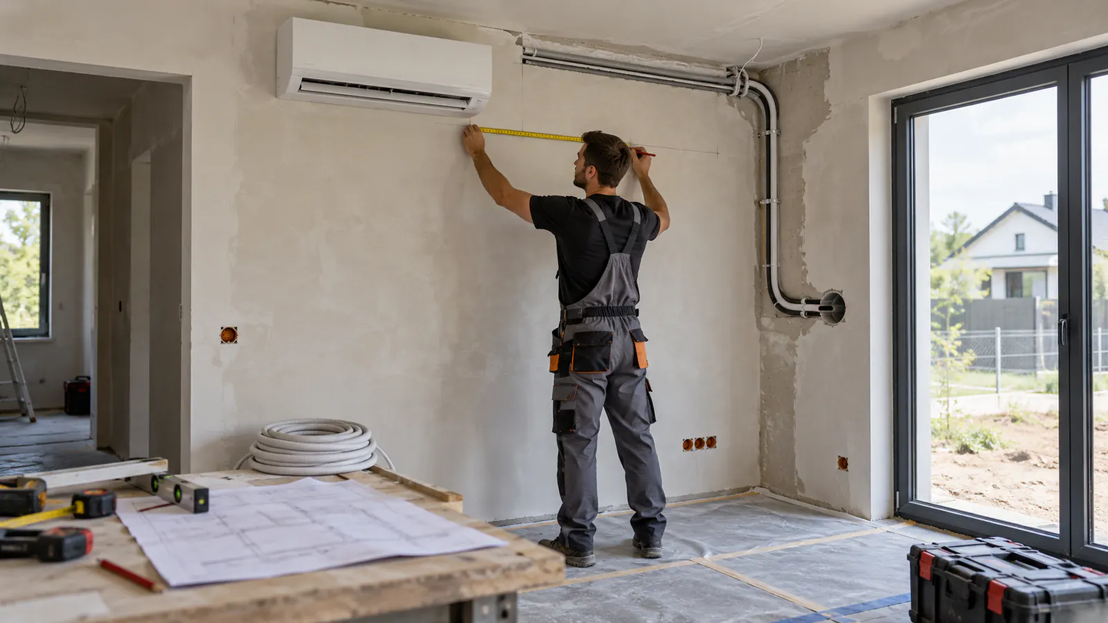Instalator wyznaczający trasę instalacji klimatyzacji w domu przed malowaniem