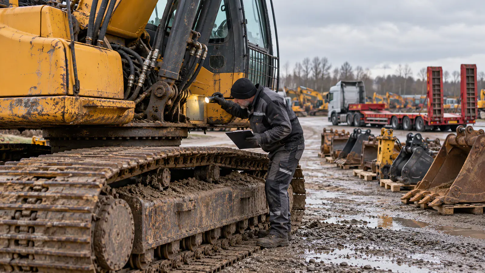 Mechanik oglądający koparkę z licytacji i dokumentujący podwozie hydraulikę tabliczkę znamionową oraz osprzęt