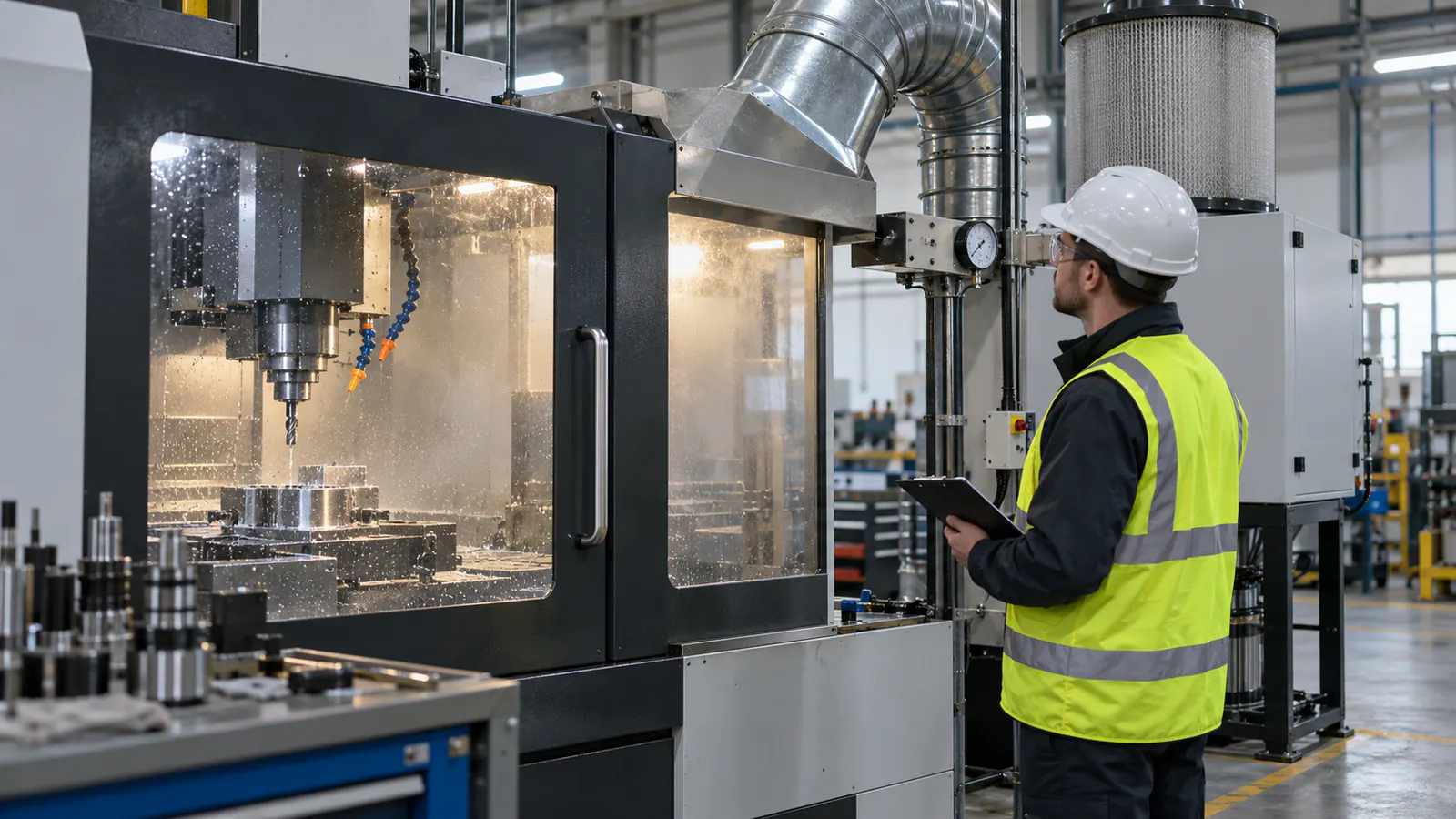 Specjalista BHP kontrolujący obudowę i instalację odciągową przy obrabiarce CNC