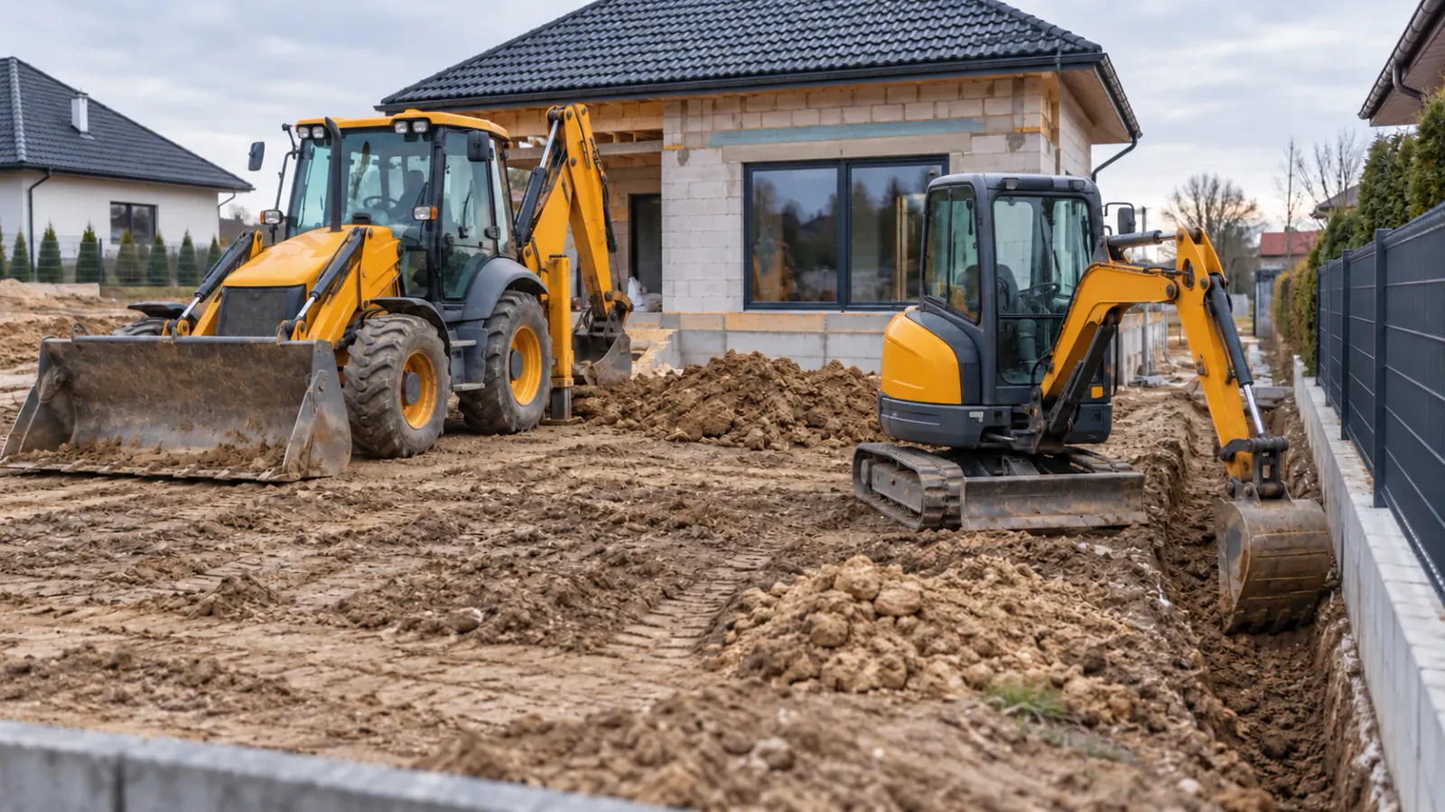 Minikoparka i koparko-ładowarka ustawione na działce podczas budowy domu