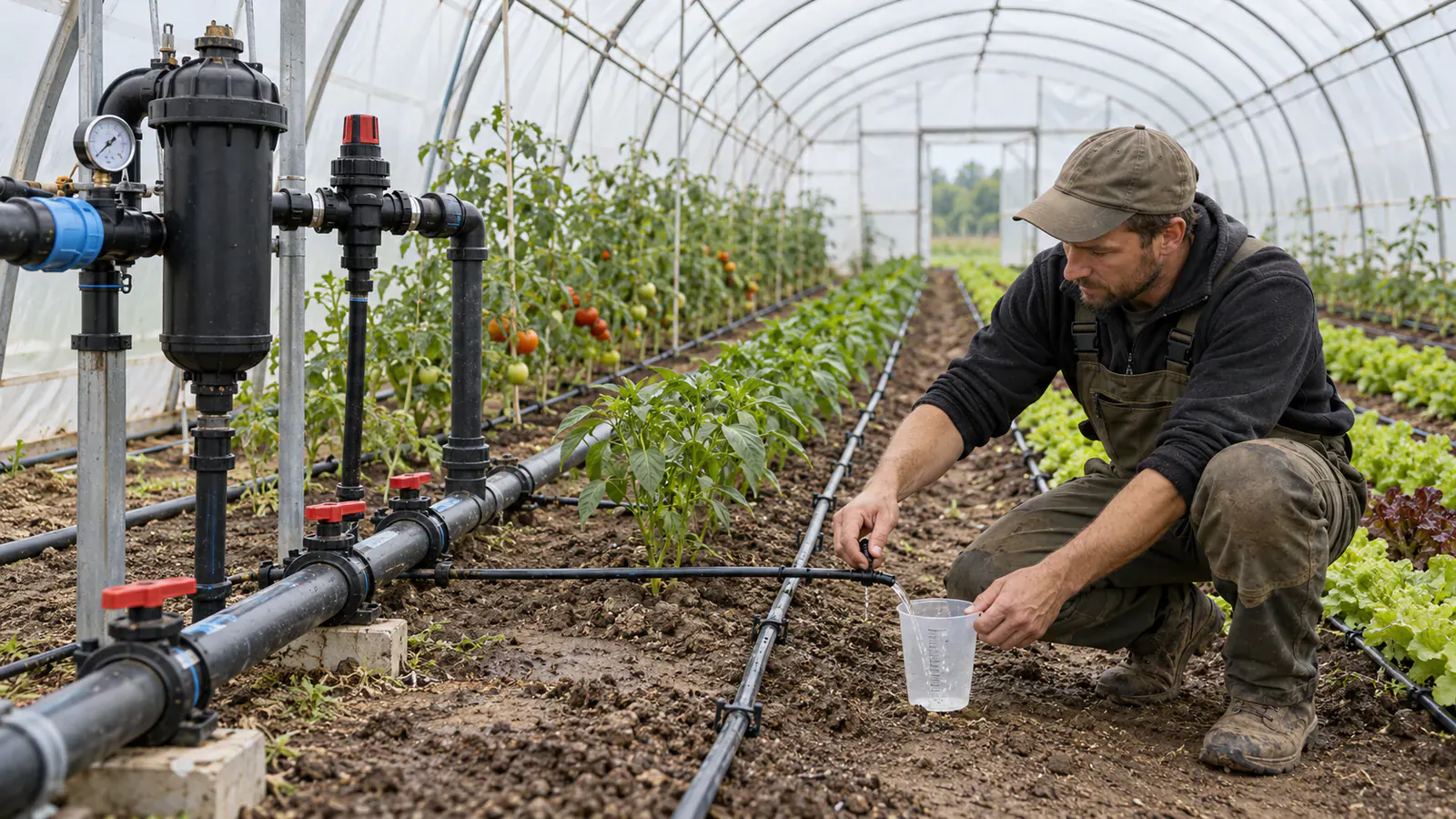 Pomiar wypływu z linii kroplującej przy filtrze i regulatorze ciśnienia w tunelu foliowym