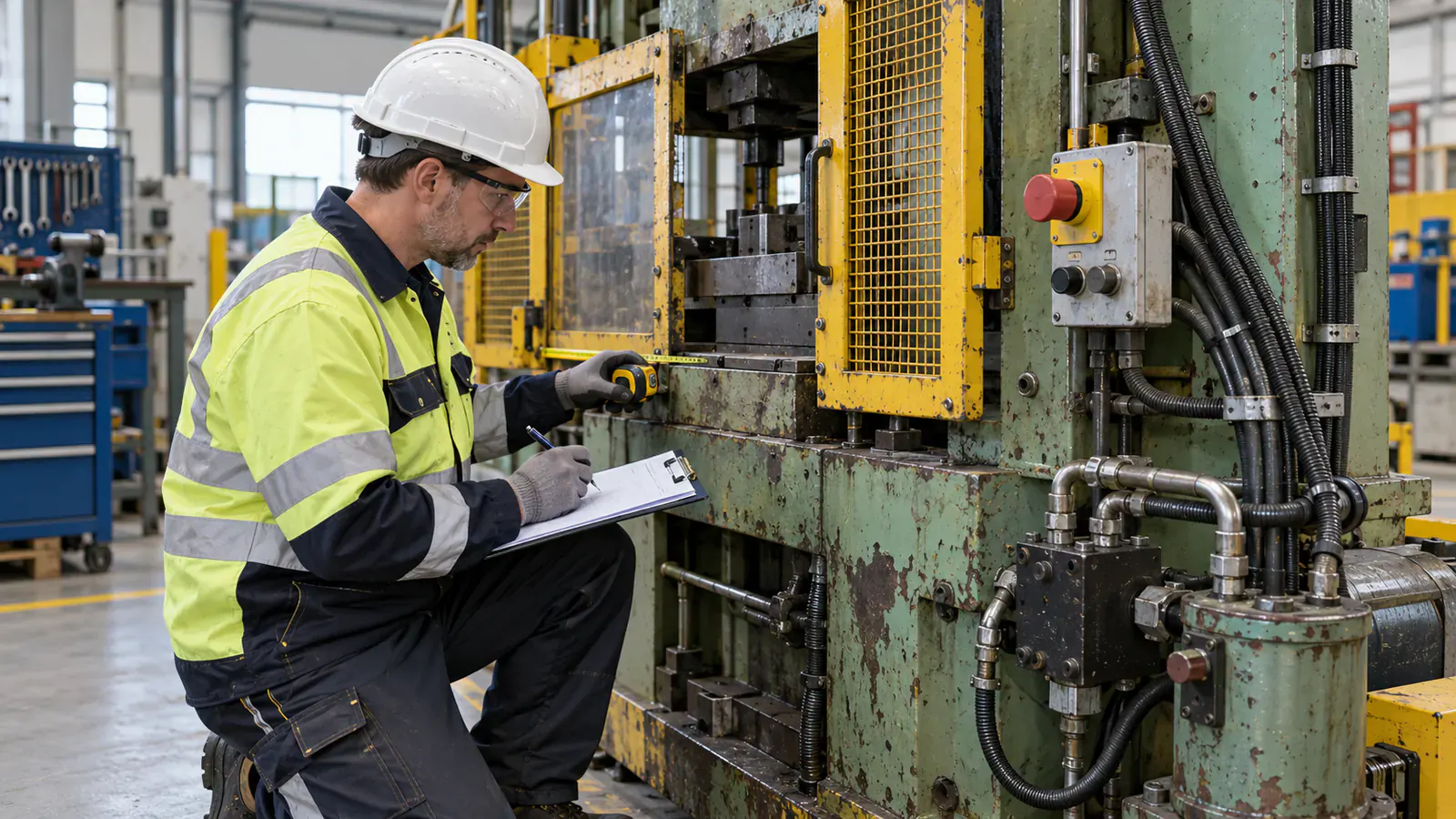 Technik dokumentujący osłony przewody i układ sterowania maszyny przemysłowej