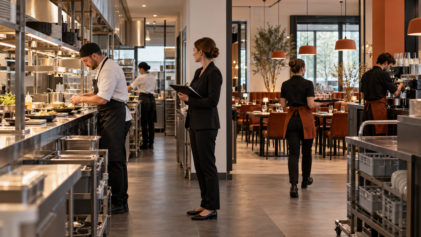 Manager obserwujący próbny serwis kuchni baru i sali przed otwarciem lokalu gastronomicznego