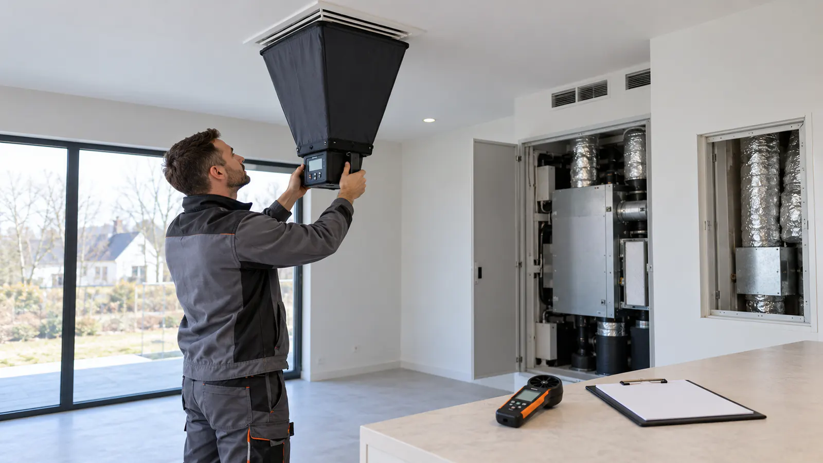 Technik mierzący strumień powietrza na nawiewniku podczas odbioru instalacji