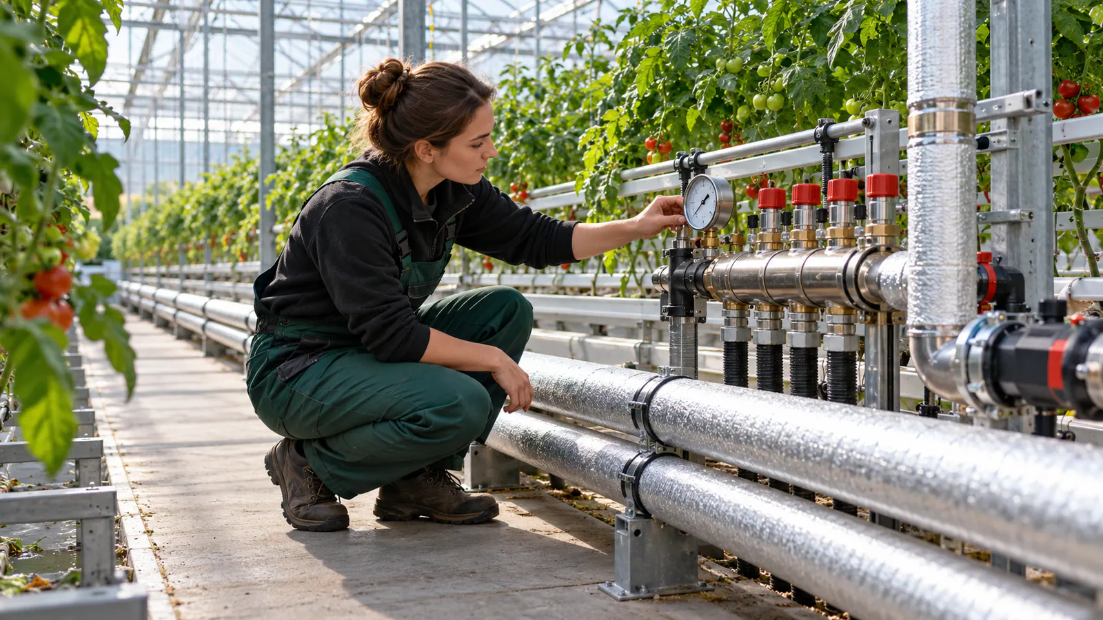 Techniczka kontrolująca rozdzielacz instalacji grzewczej między rzędami roślin w szklarni
