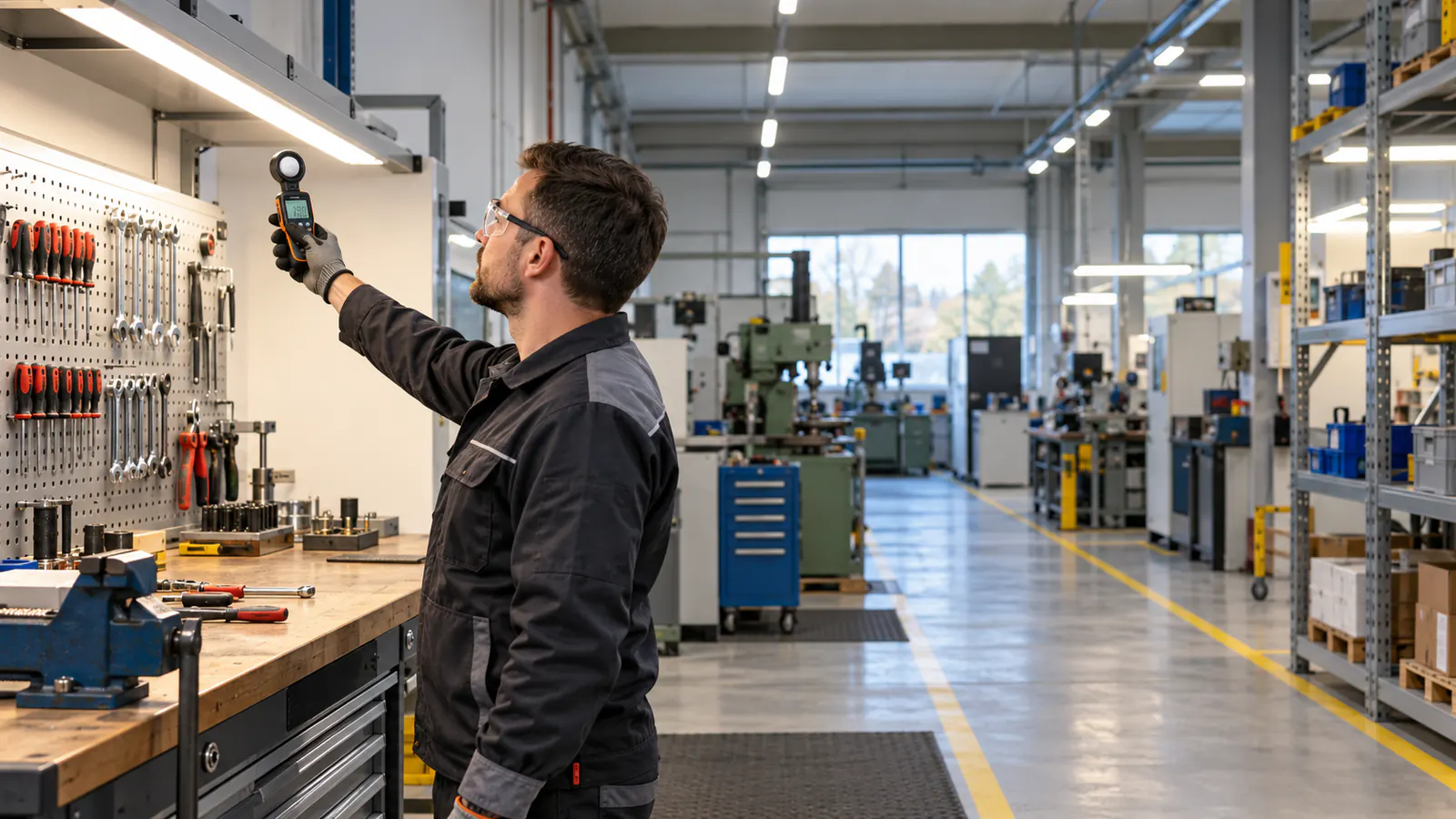 Technik mierzący natężenie światła nad stołem roboczym w uporządkowanym warsztacie