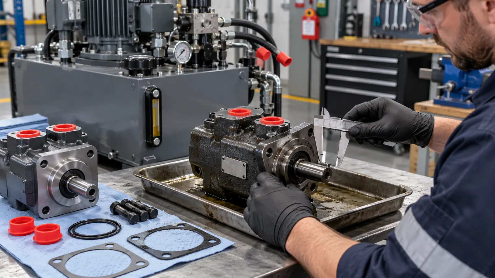 Mechanik mierzący zdemontowaną pompę hydrauliczną na czystym stanowisku