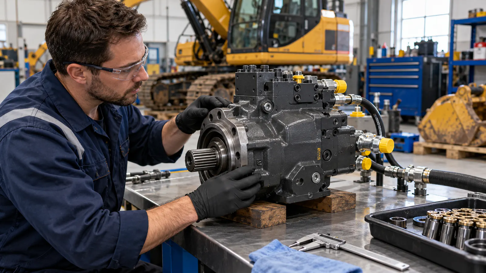 Mechanik sprawdzający pompę tłoczkową wymontowaną z maszyny budowlanej