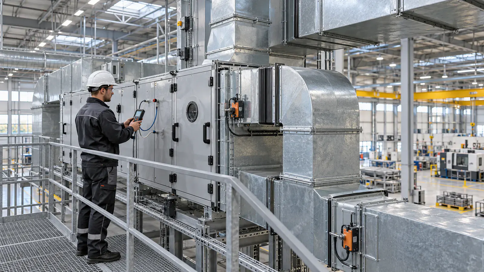 Technik sprawdzający sekcję filtracji i kanały recyrkulacji powietrza w hali przemysłowej