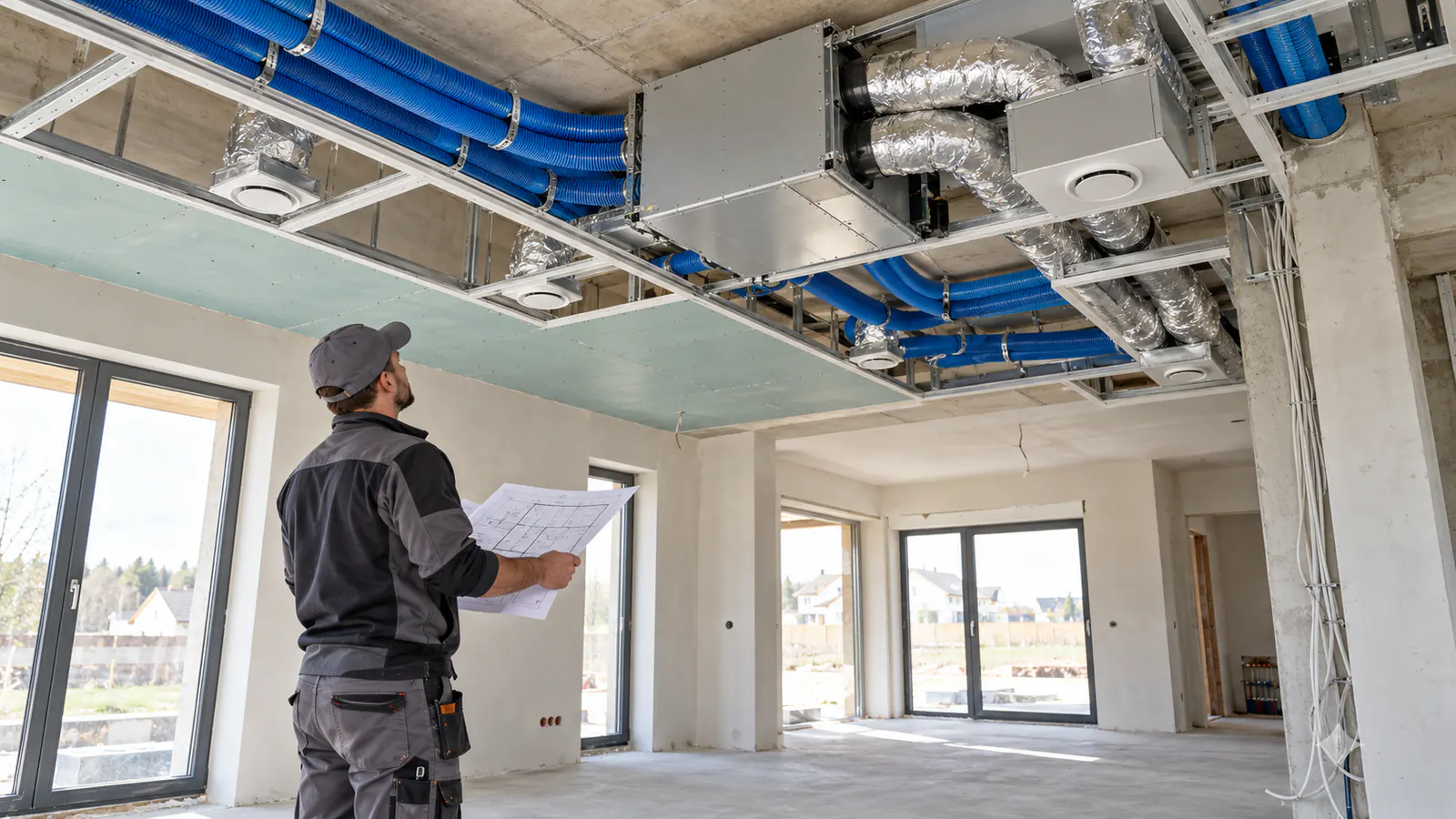Instalator sprawdzający przewody wentylacji mechanicznej w domu podczas wykończenia