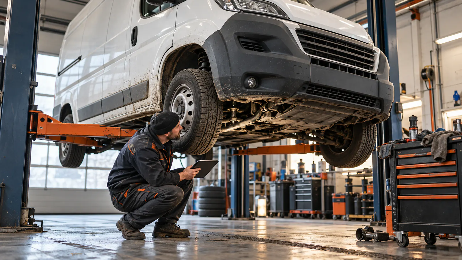 Mechanik sprawdzający samochód dostawczy na stanowisku serwisowym po intensywnym sezonie pracy
