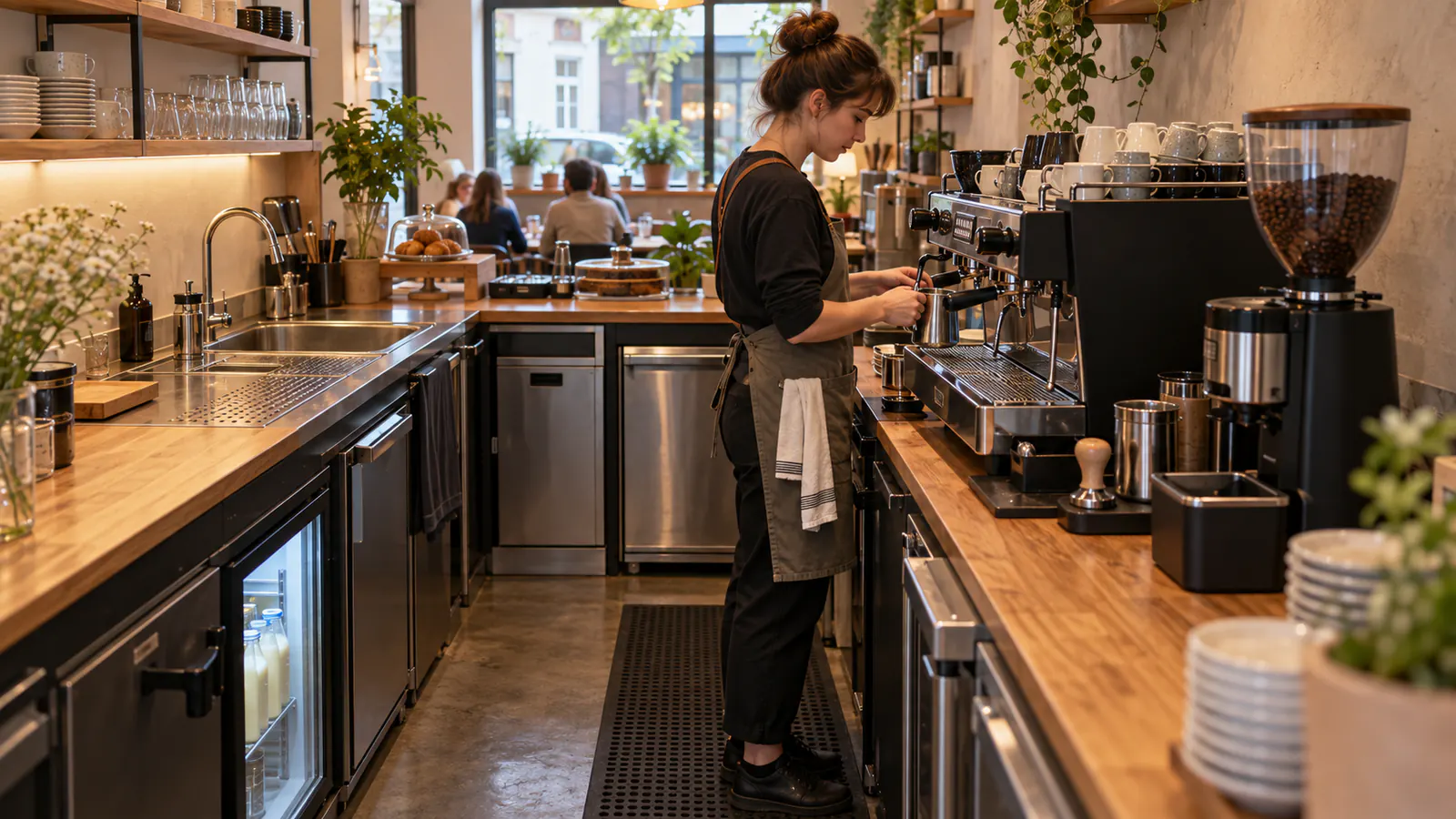 Baristka pracująca między ekspresem młynkiem chłodziarką i strefą mycia w logicznym układzie