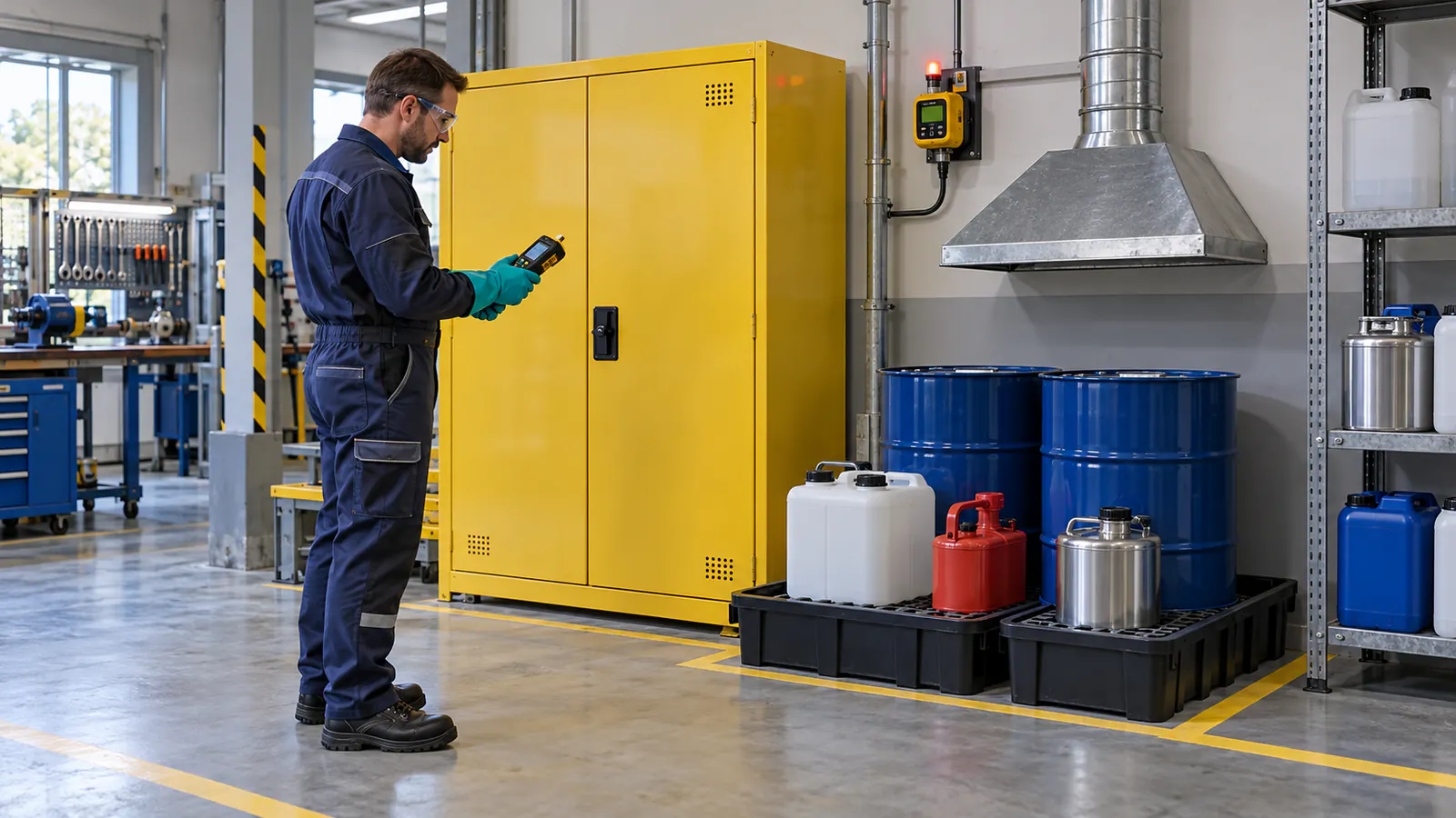 Technik kontrolujący zamkniętą szafę chemiczną wentylację i stały detektor w warsztacie