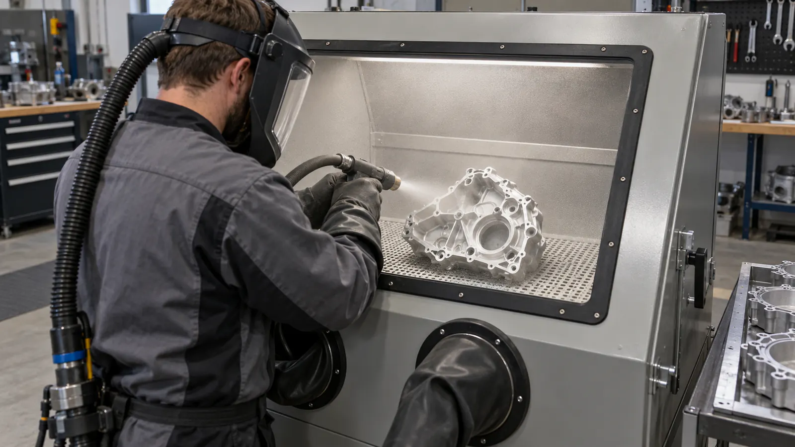 Technik czyszczący aluminiową obudowę strumieniem ścierniwa w zamkniętej kabinie