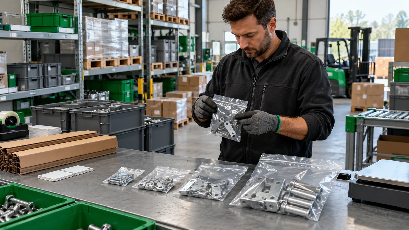 Pracownik magazynu porównujący worki LDPE z metalowymi częściami i pojemnikami