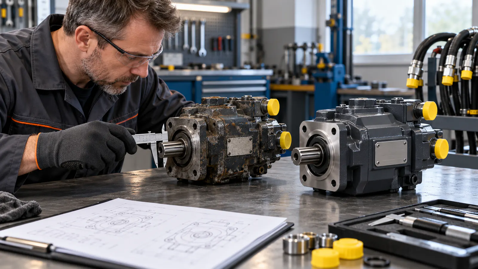 Technik porównujący wał kołnierz i porty starej pompy hydraulicznej oraz nowego zamiennika